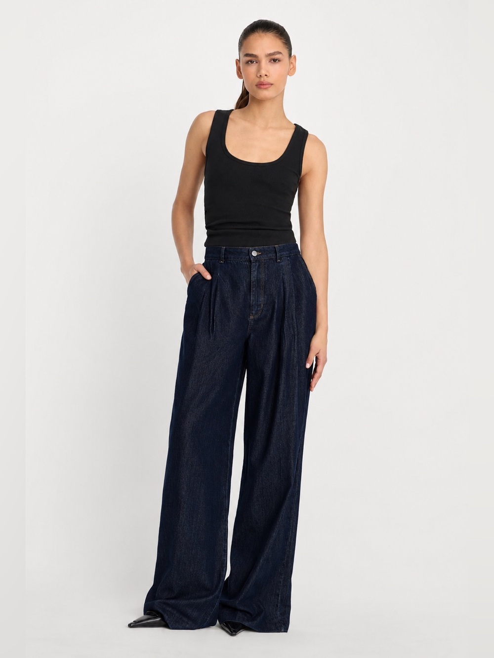 Good American Pleated High Waisted Wide Leg Trouser •  Size 26 • Indigo NWOT